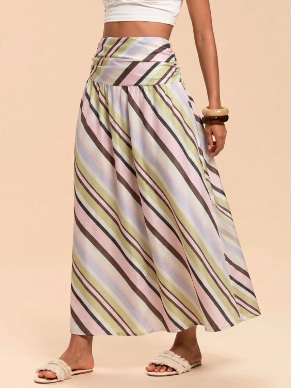 Green Blue Brown Multi Diagonal Stripe Maxi Skirt